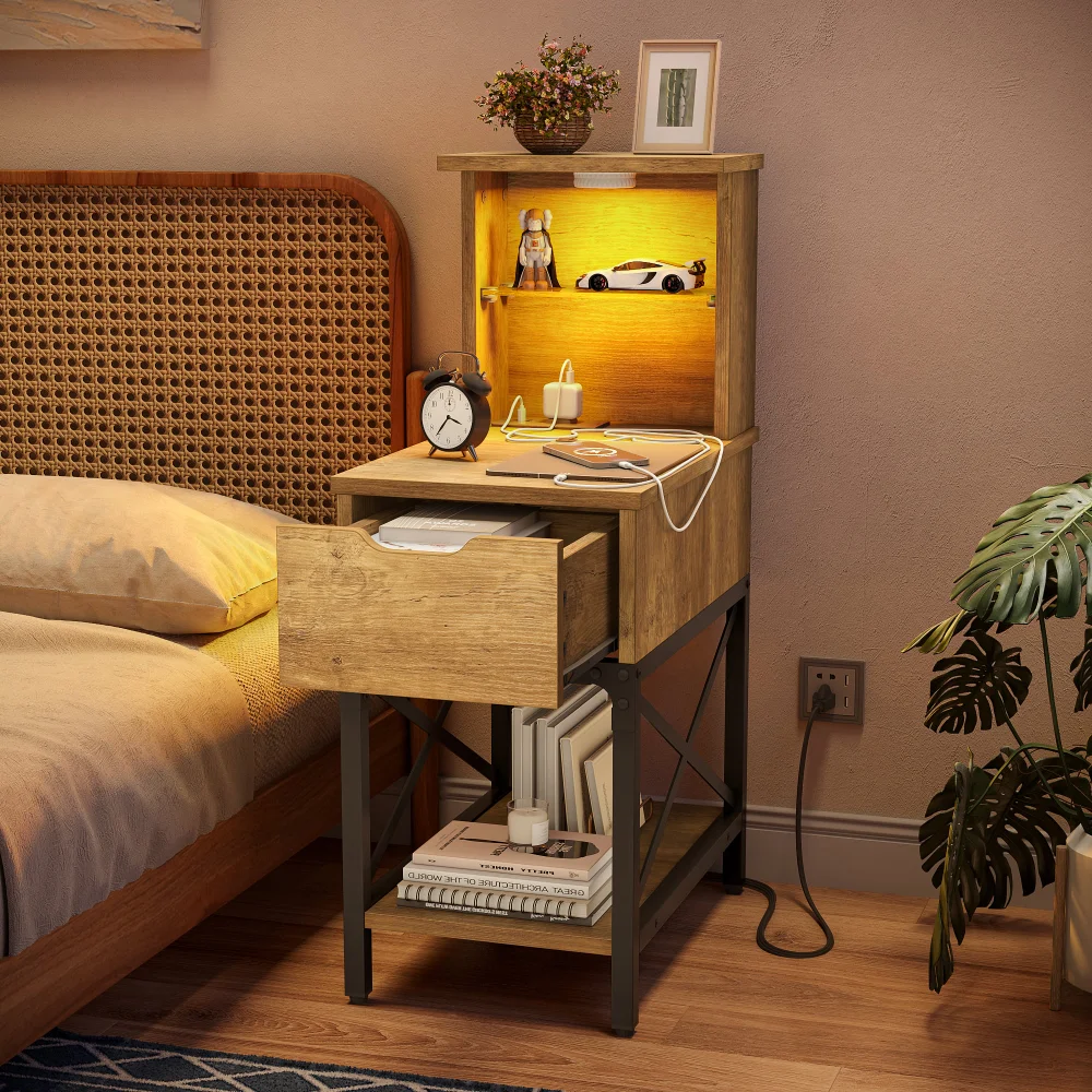 

End Table with LED Lights & Charging Station, Weathered