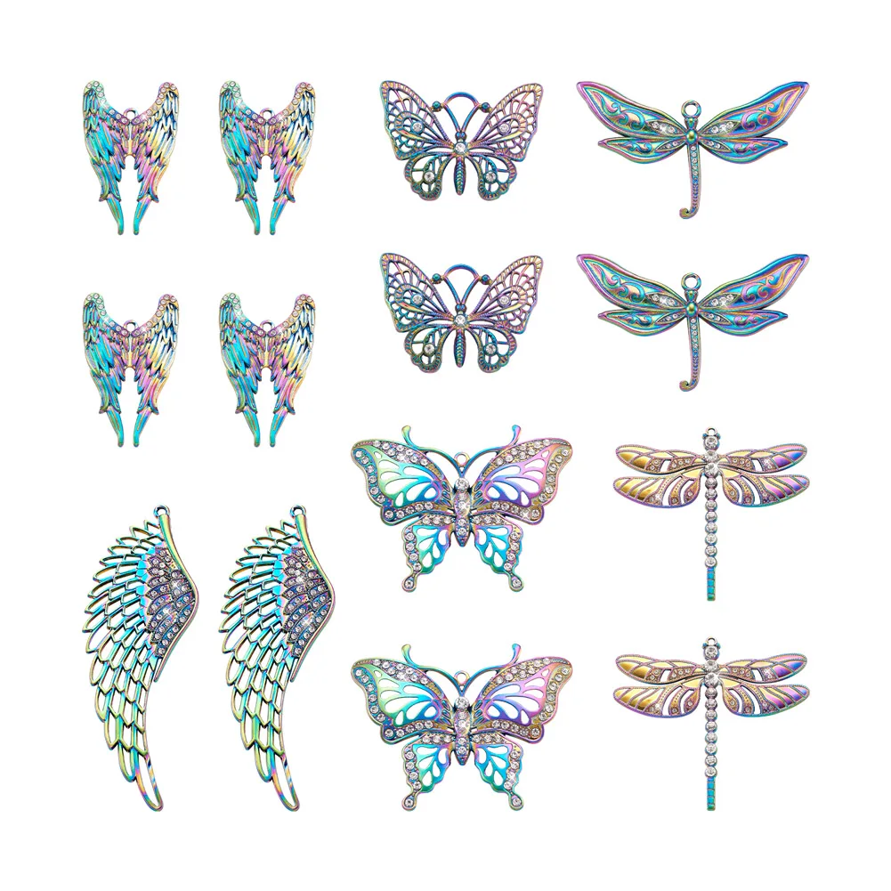 

Kissitty 12Pcs Dragonfly Wing Butterfly Rack Plating Rainbow Color Alloy Big Pendants with Crystal Rhinestone for Jewelry Making