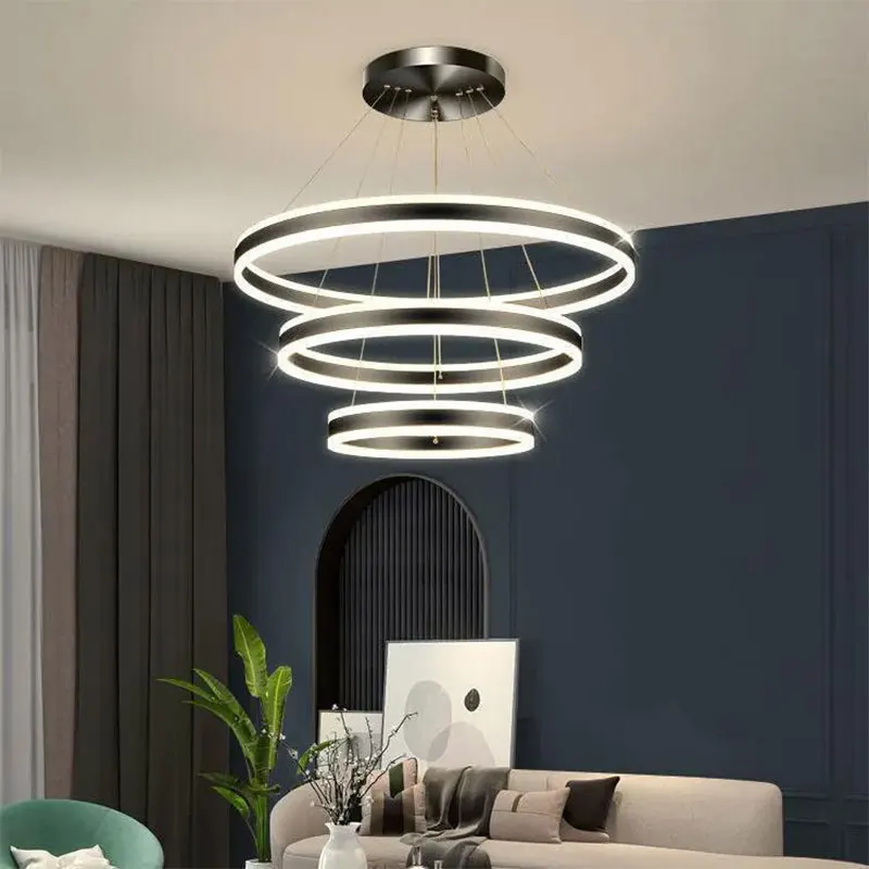 

Led Art Chandelier Pendant Lamp Light Room Decor New Round Rings Acrylic Luminaire Large Long Stair Living Restaurant