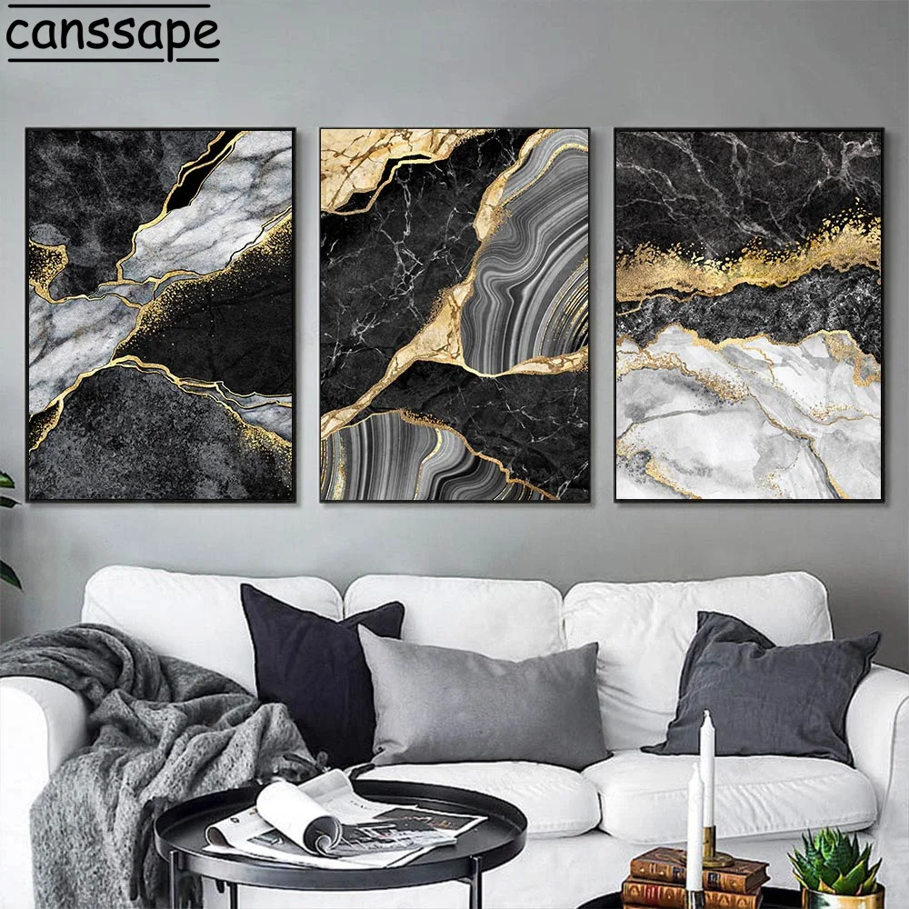 

Black Marbling Wall Pictures Golden Line Art Prints Luxurious Posters Abstract Wall Art Modern Canvas Painting Living Room Decor