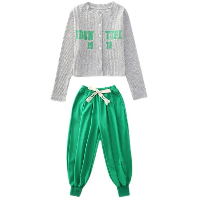 

Модный повседневный костюм для девочек, Новинка лета 2022, Детская летняя спортивная уличная одежда с длинным рукавом, Детский комплект из двух предметов с высокой талией 5-14 лет