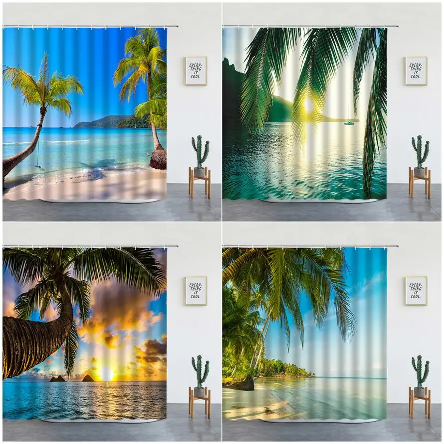 

Beach Palm Trees Shower Curtains Sunset Island Hawaii Ocean Natural Landscape Polyester Bathroom Decor Cloth Bathtub Curtain Set