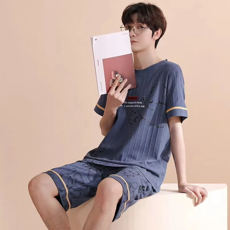 Men's Pajamas Set Cotton Summer Two-Piece Sleepwear Short Sleeve Shorts Casual Loose Nightwear Lounge Home Clothing