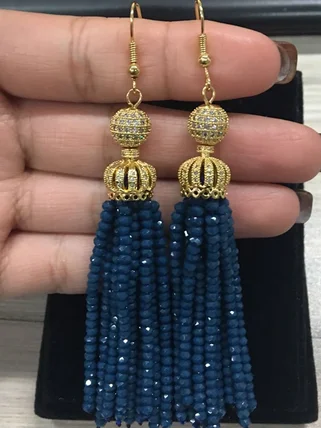 

High Quality Beadee Long Tassel Earrings for Women Tassel Charm with Paved CZ Ball and Crown Women Statement Drop Earrings