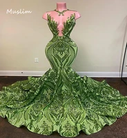 sparkly sequins green mermaid prom dresses 2022 black girls jewel neck illusion long graduation dress plus size formal gown