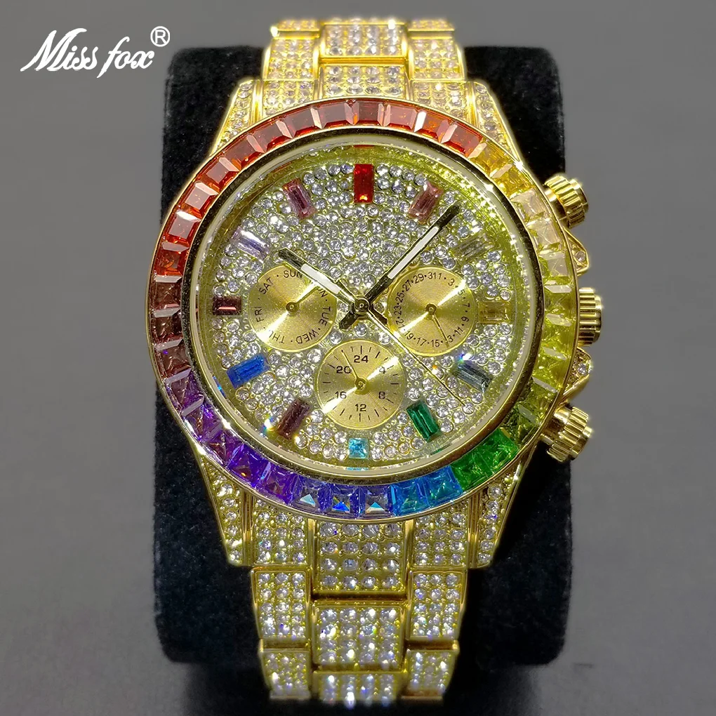 

MISSFOX Iced Out Watch Men Luxury Unique Rainbow Diamond Gold Watches Hip Hop Fashion Party Dress Male Clock Dropshipping 2022