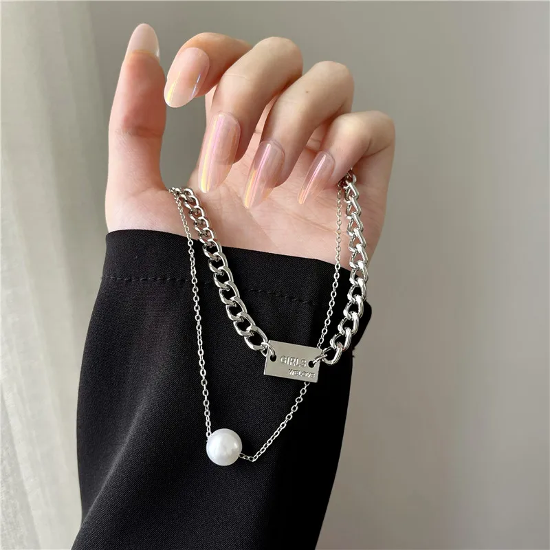 

Titanium Steel Vintage Pearl Necklaces For Women Hip-Hop Korean Style Clavicle Chain Fashion Personality Gothic Prom Accessories