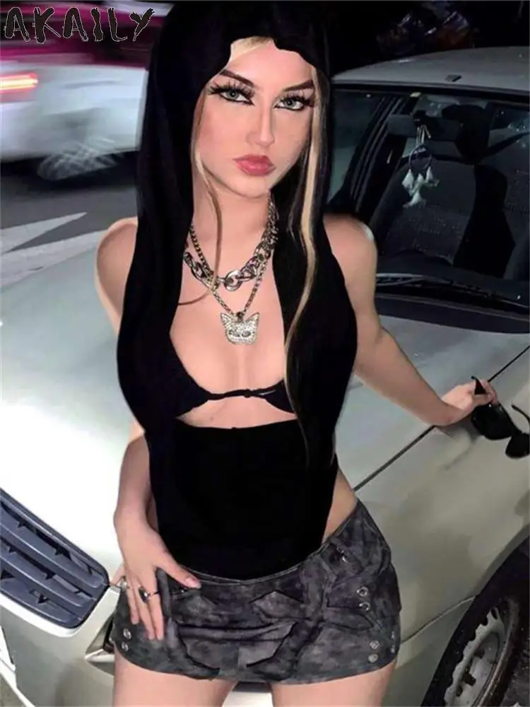 

Осенний Черный Облегающий комбинезон Akaily без рукавов с капюшоном, повседневные наряды для отпуска для женщин 2023, уличная одежда, сексуальный комбинезон с вырезами