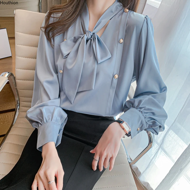 

Summer Women's Blouse Bow Satin Fashion New Long-sleeved Top Korean Casual V-neck Lady Houthion