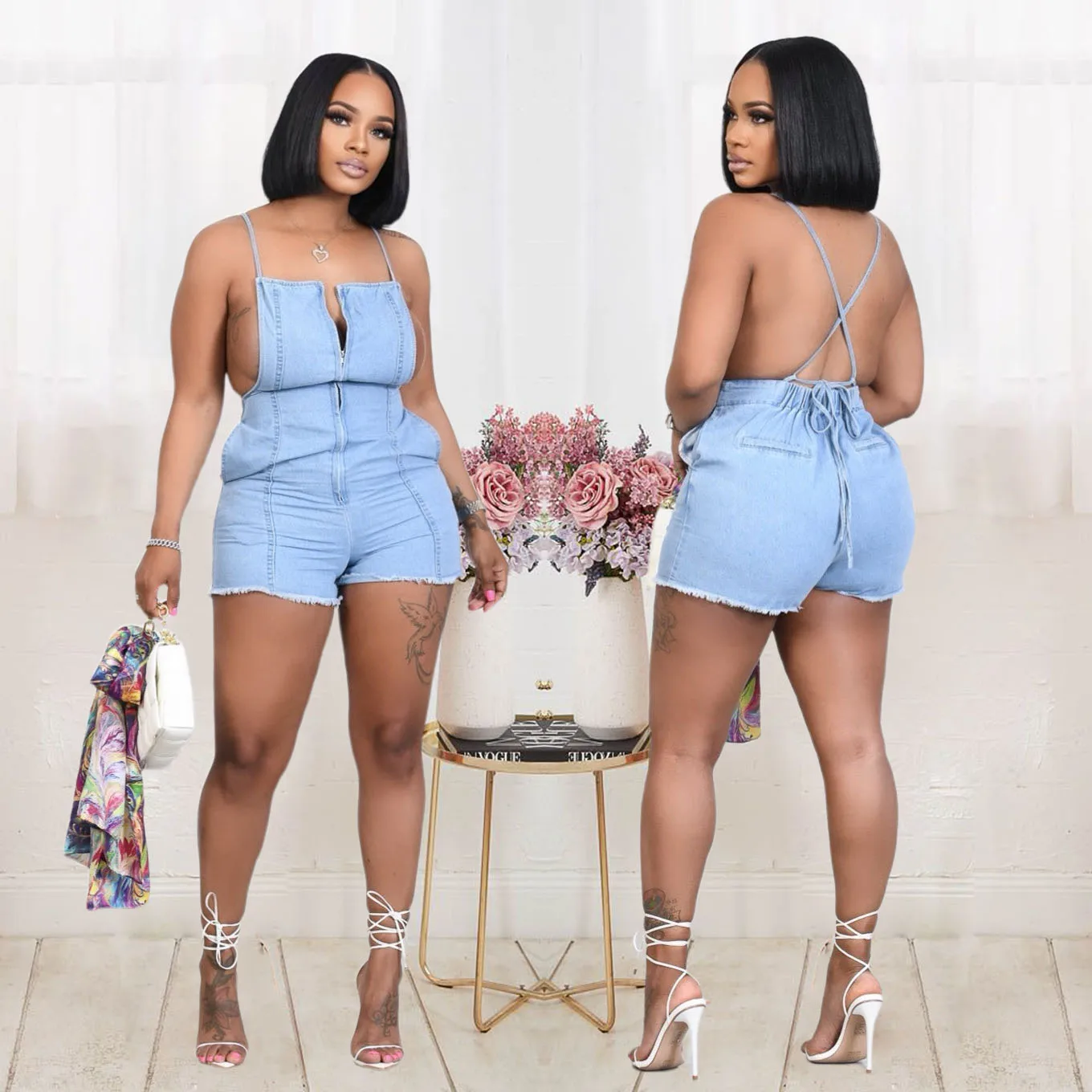 

Jeans Casual Romper Sexy Women Spaghetti Strap Bodycon Blue Denim Club Playsuit Overalls