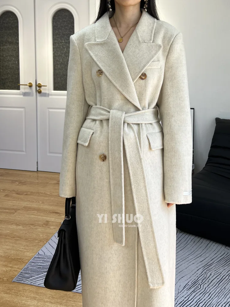 High-end double-sided wool and cashmere coat oatmeal color front shoulder suit collar belt long woolen coat women