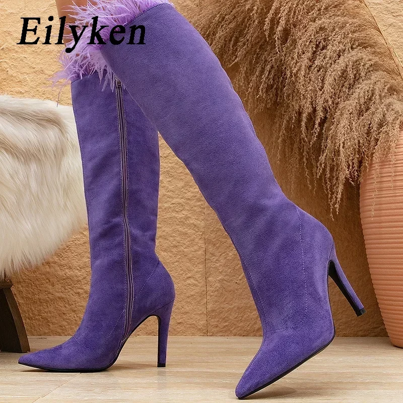 

EilyKen/осенне-зимние женские сапоги до колена с острым носком и искусственным мехом пикантные туфли на высоком каблуке-шпильке для ночного клуба и выпускного вечера