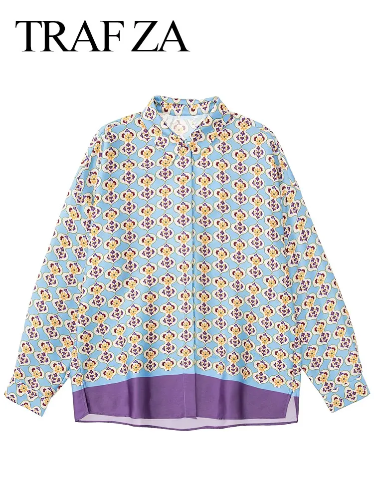 

Модная женская Свободная блузка TRAF ZA с геометрическим принтом, винтажные рубашки на пуговицах с длинным рукавом, Осенние повседневные женс...