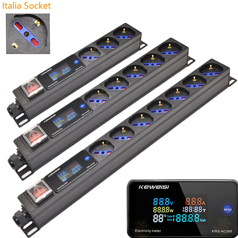 

Italy Power Strip Digital V/A/W/℃ detection Electricity meter 2/3/4/5/6/7/8/9 Ways Italian Socket Outlets Aluminum alloy shell