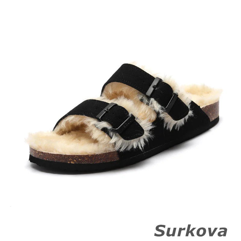 Women's Fashion Slippers Plush Cork Leisure Slippers Warm Short Plush Flat Bottom Word Half Slippers Comfortable Round Toe Solid