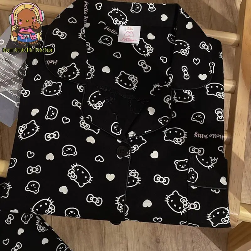 Черная Гавайская Пижама Hellokitty для отпуска женские пижамные комплекты с длинным