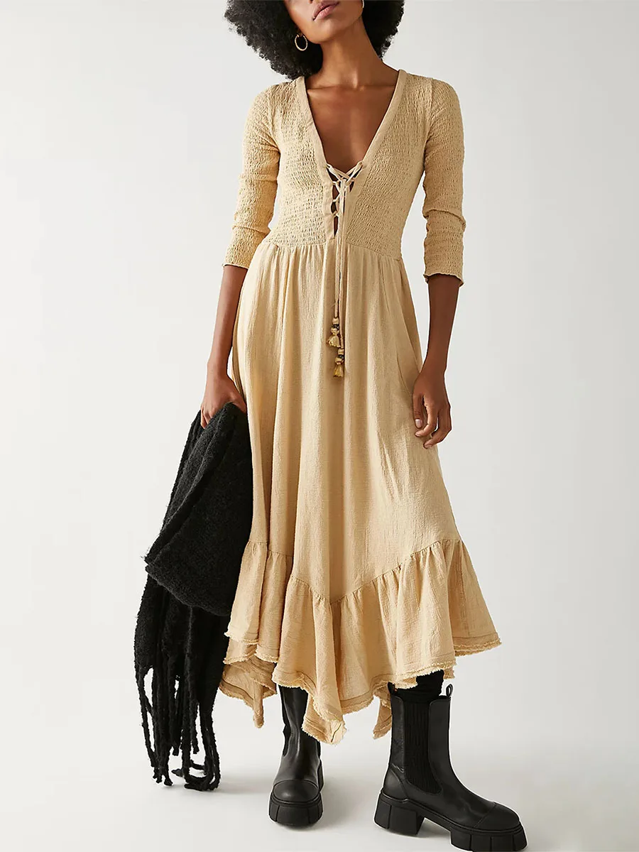 

Женское длинное платье с V-образным вырезом, с оборками