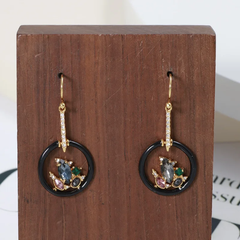 

European and American style jewelry wholesale gold-plated glaze color diamond geometric round girls light luxury earrings