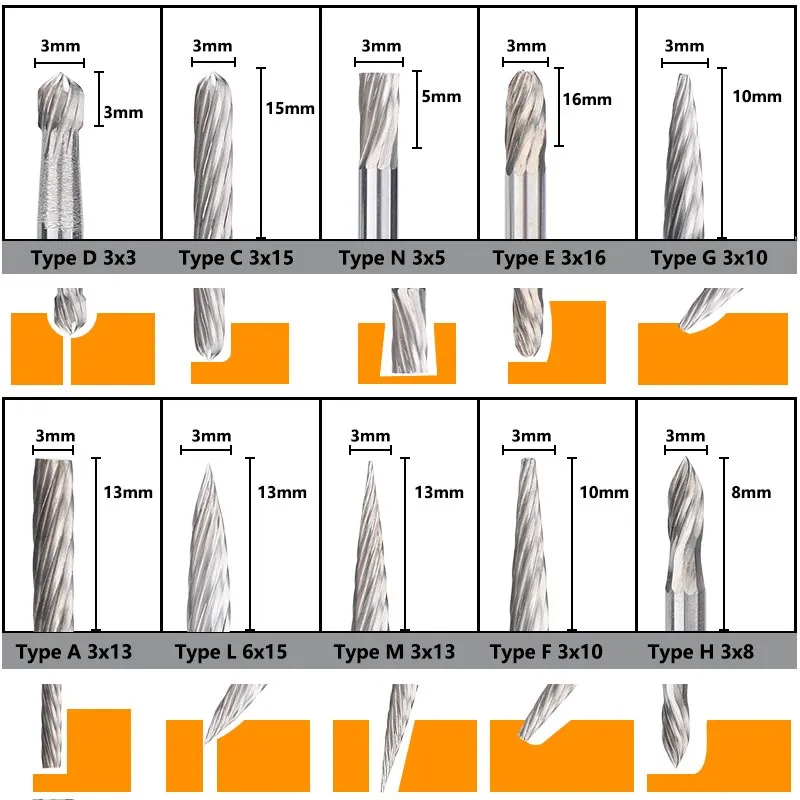 Набор фрез для резьбы по дереву комплект из 10 твердосплавных насадок 3 мм