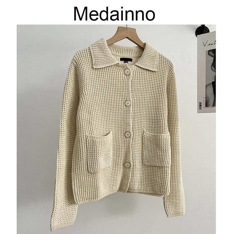 

Medainno 2023 Spring Fashion Women New Lapel Plaid Knitted Sweater Casual Slim Elegant Cardigans Solid Simple Tops Female Chic