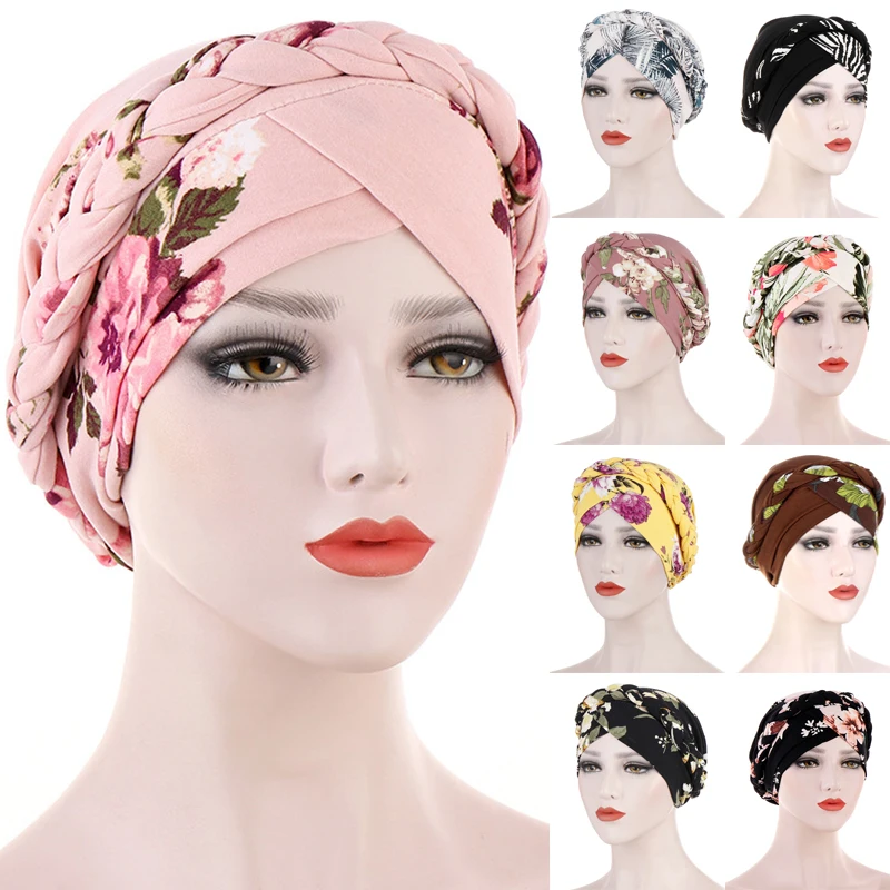 

Braid Wrap Floral Leopard Jersey Hijab Muslim Women Elastic Headband Forehead Across Islamic Turban Easy Cap Chemo Hat Headwraps
