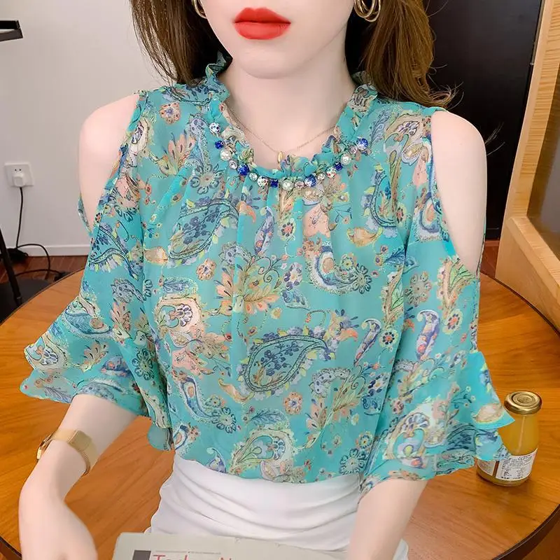 

Blouse design sensor chiffon shirt female minced 2022 new foreign style off -the -shoulder short -sleeved shirt ginseng blouse