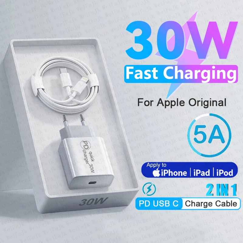 

For APPLE Original PD 30W USB Type C Charger For iPhone 11 12 13 14 Pro Max SE Mini X XS XR Xiaomi Fast Charging Lightning Cable