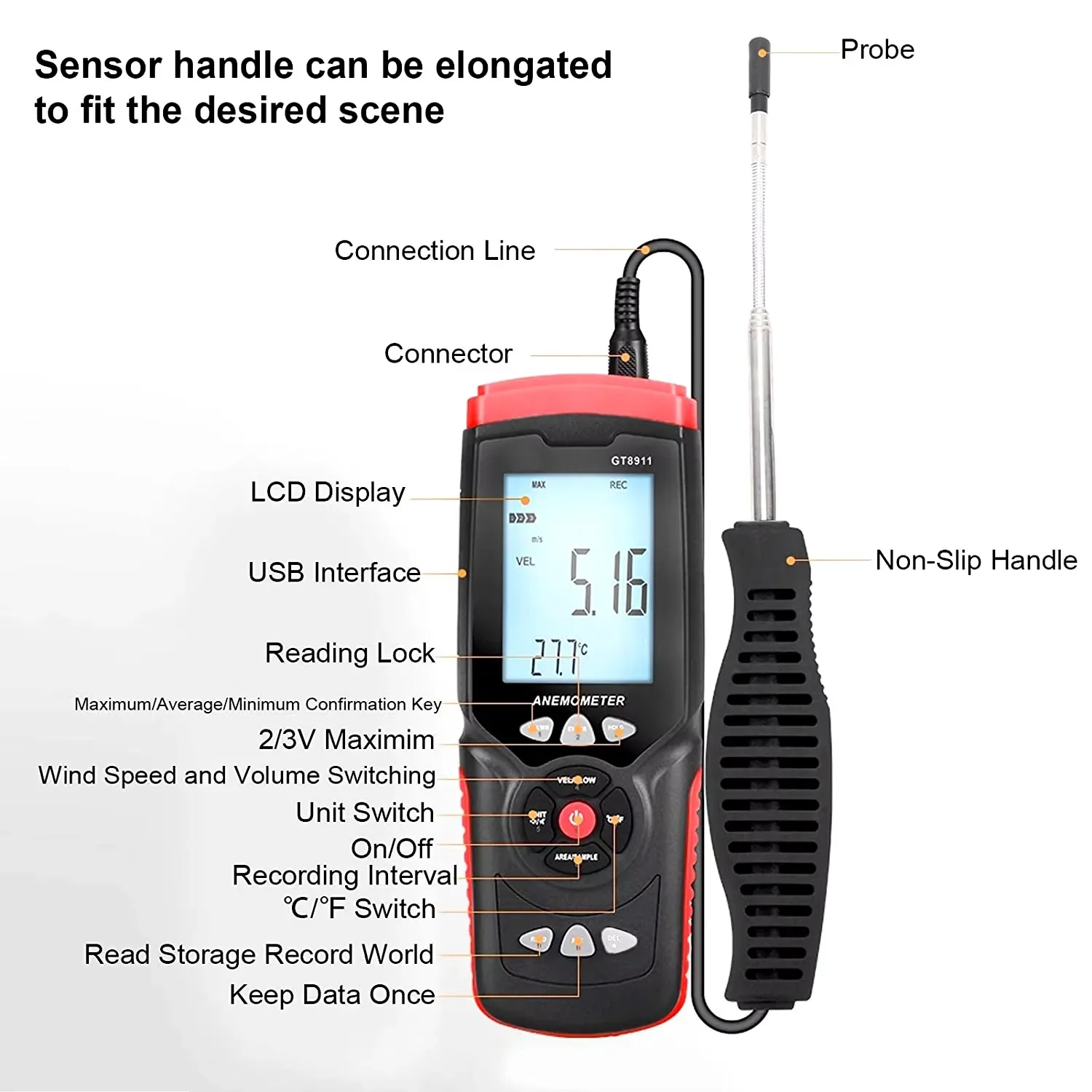 Фото HEDAO GT8911 Цифровая подсветка горячего провода и анемометр для удержания данных Диапазон скорости ветра 0,0 ~ 30,0 м/с №2