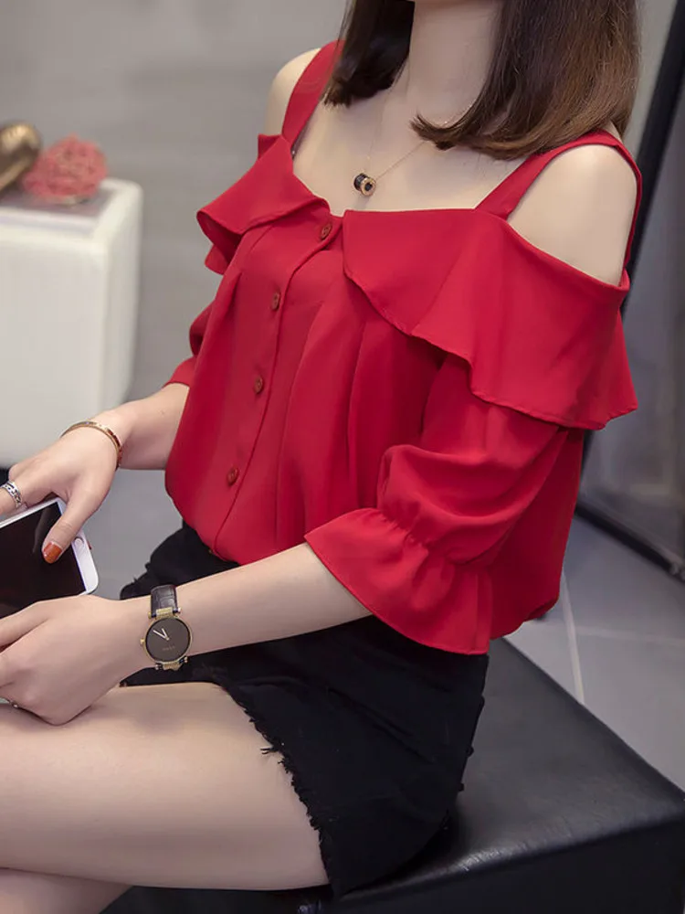 

Oversize XL-5XL Off The Shoulder Chic Blouses Women Summer Fashion Sexy Slash Neck Large Shirts Spaghetti Strap Loose Tops
