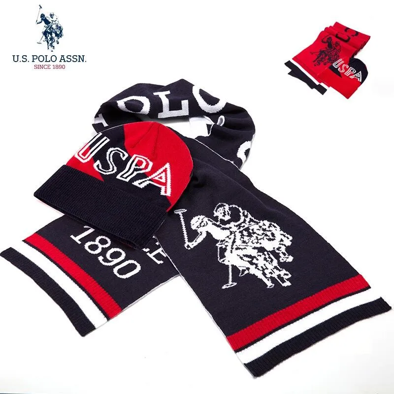 

U.S. Polo Assn.Jacquard Pattern Hat Scarf Set Men And Women Knitted Hat Warm Breathable Embroidery Scarf Two-piece Set