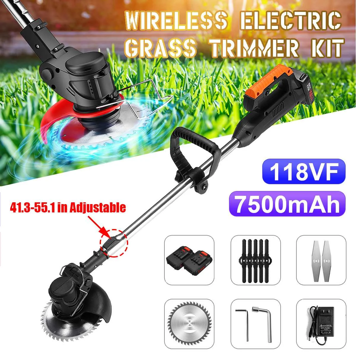 

118VF Electric Lawn Mower Cordless Grass Trimmer Weeder 1680W Adjustable Handheld Cutting Machine Garden Tool With 2 Batteries