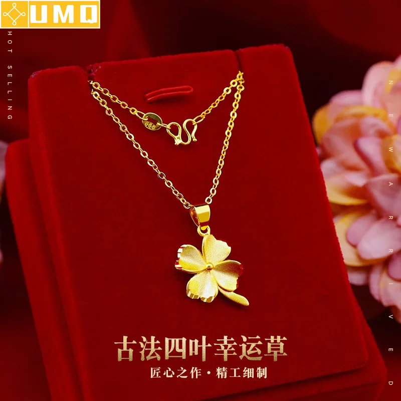 Pure 14k Yellow Gold Pendant Necklace Simple Mini Grass Pendant Real 18k 999 Gold Chain for Women Fine Jewelry Christmas Gift