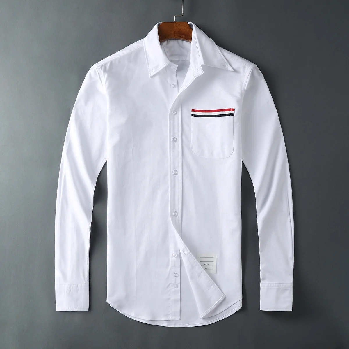 

TB Shirt Man Full Casual Shirt Shirts Men Slim White Pocket Stripes Turn Down Collar Oxford Solid Men's Clothing