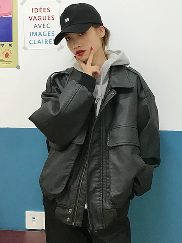 Winter Black Oversize Leather Jacket Women Korean Streetwear Vintage Pu Zipper Biker Jacket Female Autumn Warm Pocket Loose Coat