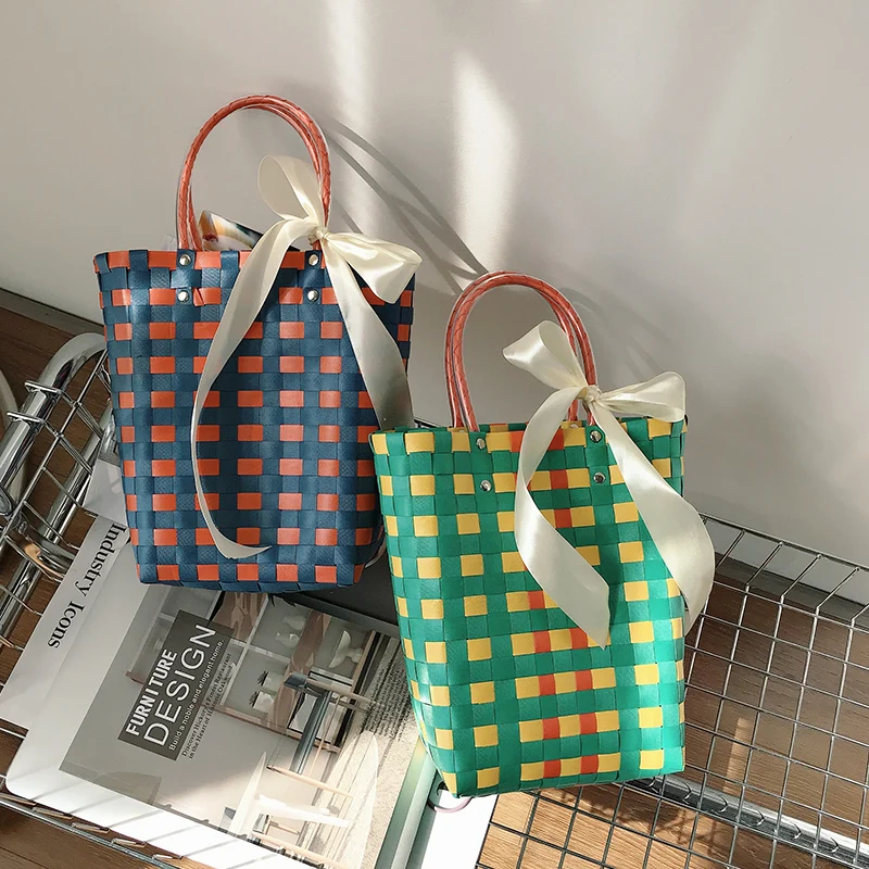 

Plastic Color Plaid Woven handbags for women Big Capacity Plastic Braid women handbag Summer Braid basket beach bag womens bolso