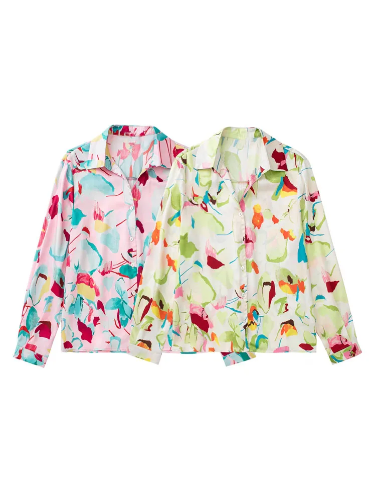 

Женский свободный Атласный топ с длинным рукавом и цветочным принтом