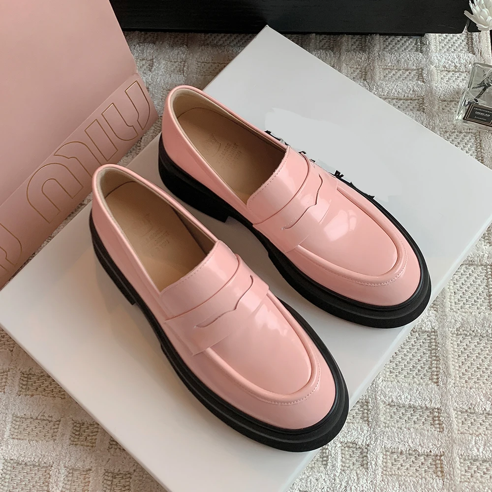 Kanseet Platform Women's Shoes 2023 Spring Round Toe High Quality Causal Loafers Genuine Leather Chunky Heels Lady Footwear Pink