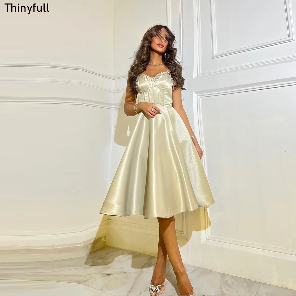 

Thinyfull A-line White Prom Dress Spaghetti Strap Sweetheart Saudi Arabia Evening Party Dress Tea-length Formal Occasion Gowns