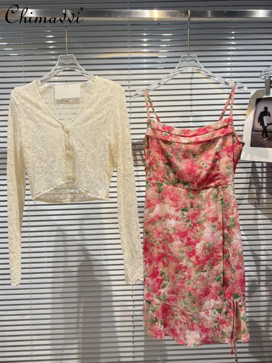 

Women's Two-piece Set 2022 Summer New Fashion Crocheted Sunscreen Long-Sleeved Cardigan Floral Slim Strap Dress Elegant Outfit