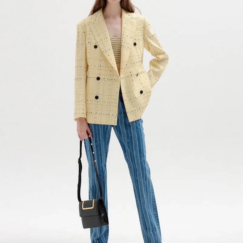 

Yellow dotted line plaid sub wool blend suit temperament commuter double-breasted barge collar jacket 2022 fall and winter women