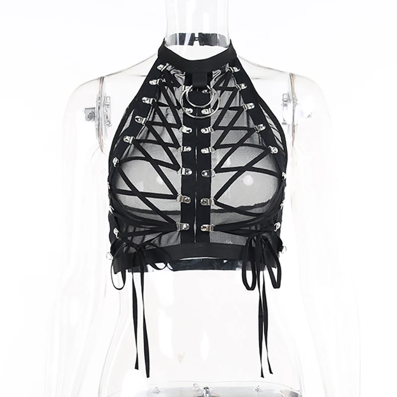 

Dark 2022 Summer Lace-up Bandage Mesh See Through Ring Chain Sexy Backless Vest Crop Tops for Women Moto Punk Party Clubwear