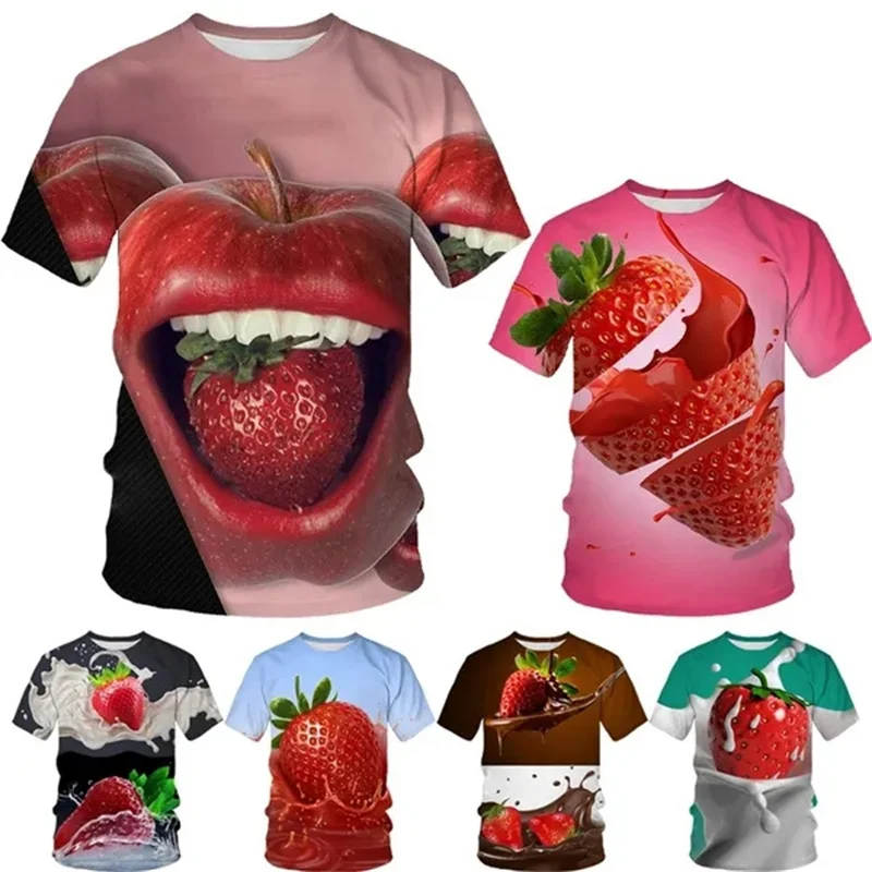 

Summer New Novelty Fashion Food Strawberry 3D Printing Men And Women Are Suitable For Round Neck Short Sleeve Top T-shirt Tees