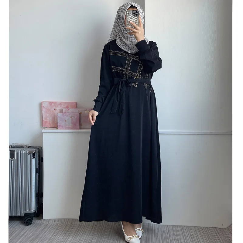 Abaya Muslim Maxi Dress Women With Diamond Arab Dubai Islamic Clothing Robes Autumn New Fashion Loose Casual Muslim Long Dresses