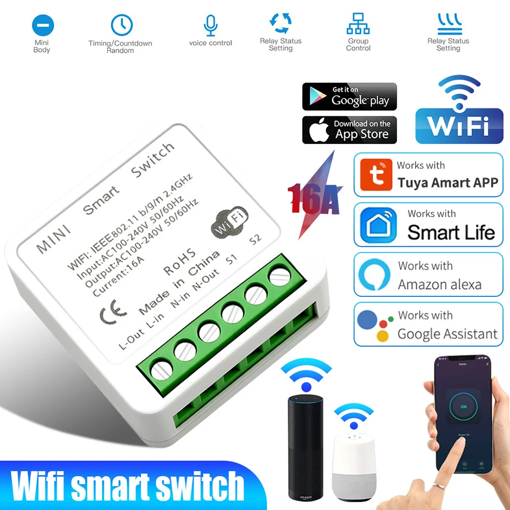 

16A Tuya WiFi Smart Switch 1 Channel Wireless Smart Home Automation Module Work With Alexa Google Home Smart Life App
