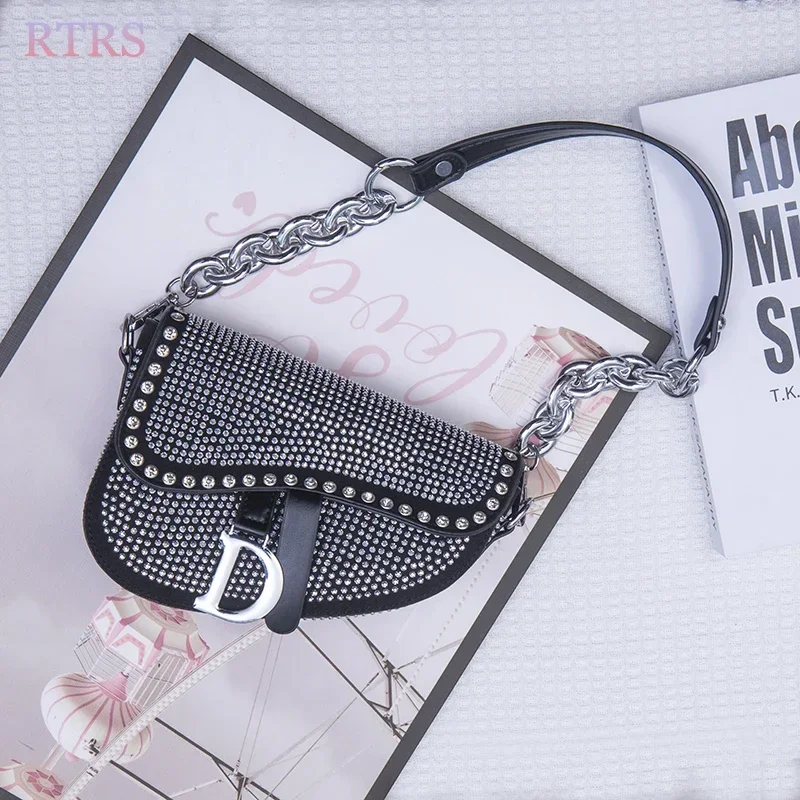 

New trend Women's bags fashion thick chain bright diamond saddle bag female carrying armpit fashion brand design shoulder bags