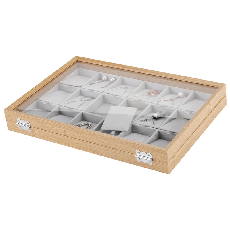 18 Grids Wooden Pendant Case Necklace Storage Jewelry Organizer Tray Holder Box Showcase with Windowed Glass Cover For Drawer