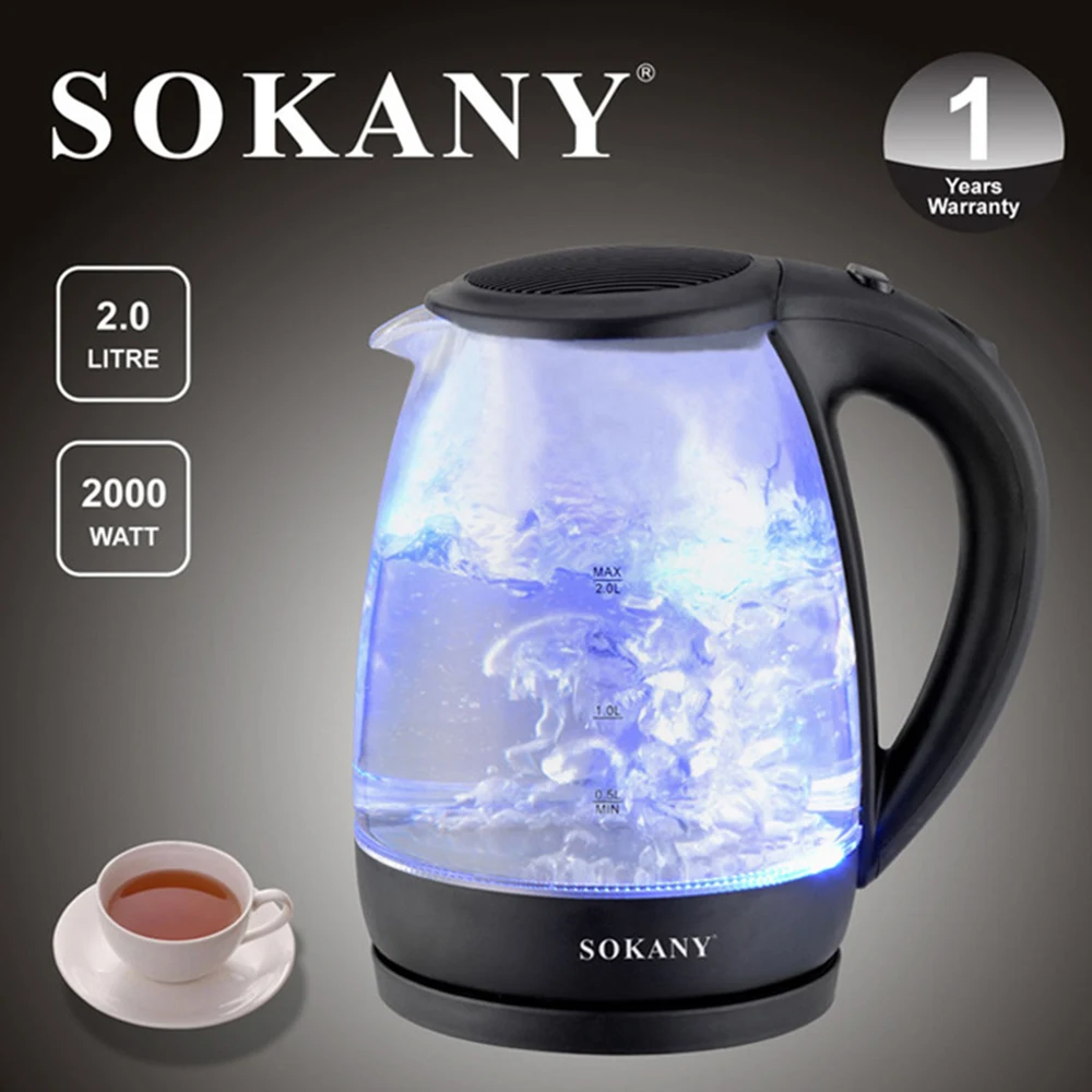 

Portable Electric Glass Kettle 2 Liter with Blue LED Light and Stainless Steel Base Fast Heating Countertop Home Appliances