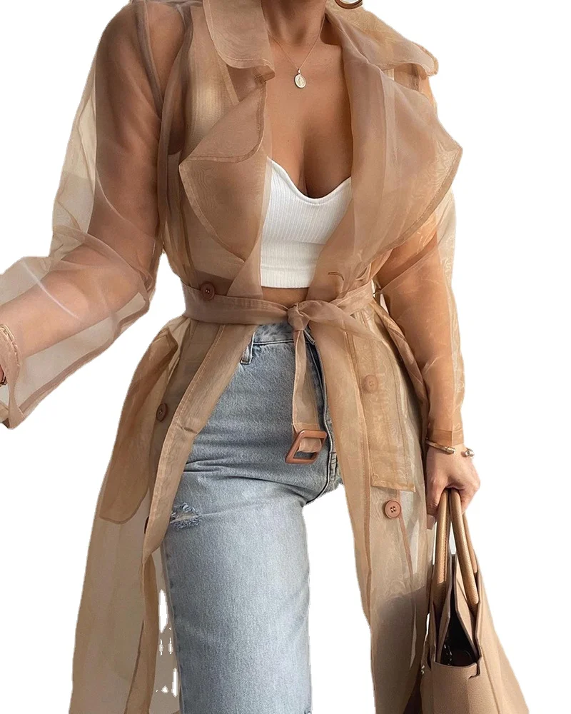 Женский элегантный однотонный тренчкот на пуговицах с поясом и отложным