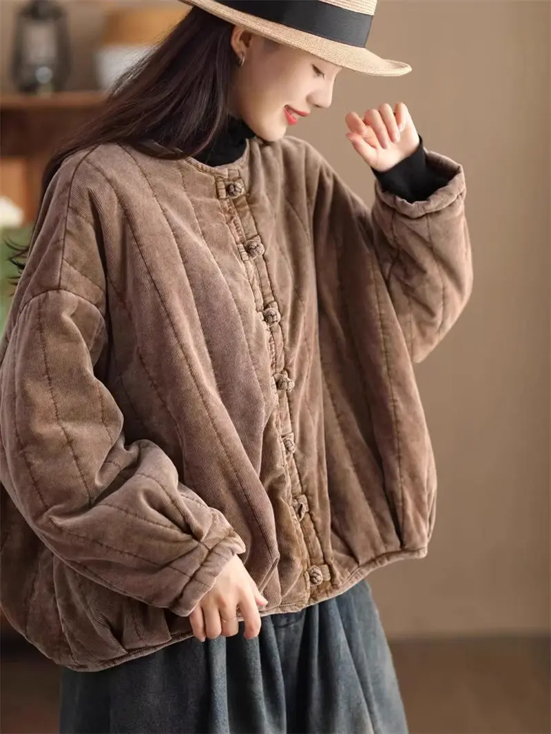 2023 Осень Зима Новая Винтажная Вельветовая куртка женское утепленное хлопковое