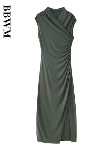 New 2023 Summer Women Clothing Folds Decoration Tight Vintage Long Dress V Neck Chic Sexy Slim Party Dresses